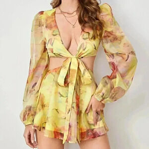Multicolor Boho Lantern Sleeve Knot Cutout Waist Chiffon Romper
